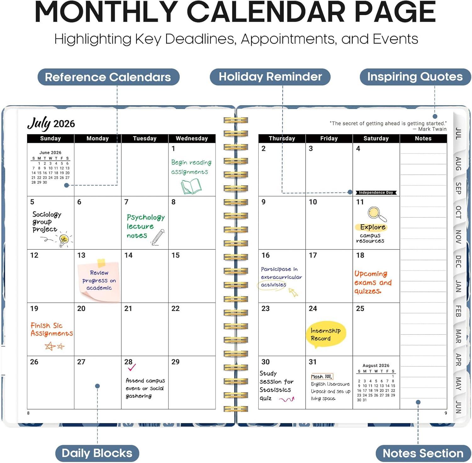 image:imagePlanner 20262027 Academic Year Monthly and Weekly Calendar Planner Jul 2026 Jun 2027 Hardcover Teacher Student Planning Agenda book with Tabs Perfect for School Office Supplies 63 x 85 Wild RoseQBlue Art