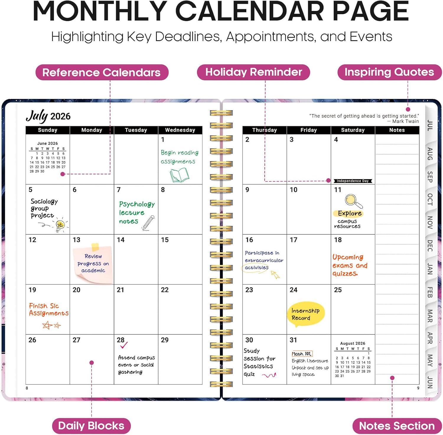 image:imagePlanner 20262027 Academic Year Monthly and Weekly Calendar Planner Jul 2026 Jun 2027 Hardcover Teacher Student Planning Agenda book with Tabs Perfect for School Office Supplies 63 x 85 Wild RoseXPink Vortex