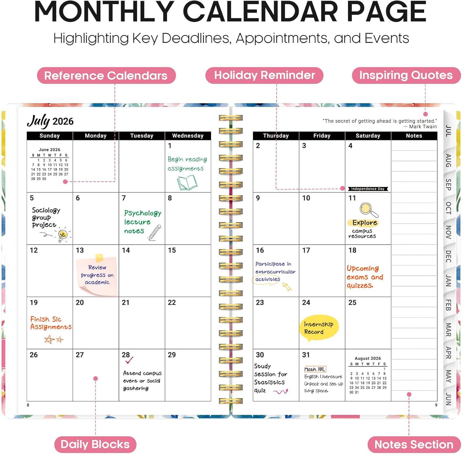 image:imagePlanner 20262027 Academic Year Monthly and Weekly Calendar Planner Jul 2026 Jun 2027 Hardcover Teacher Student Planning Agenda book with Tabs Perfect for School Office Supplies 63 x 85 Wild RoseBBloom Floral