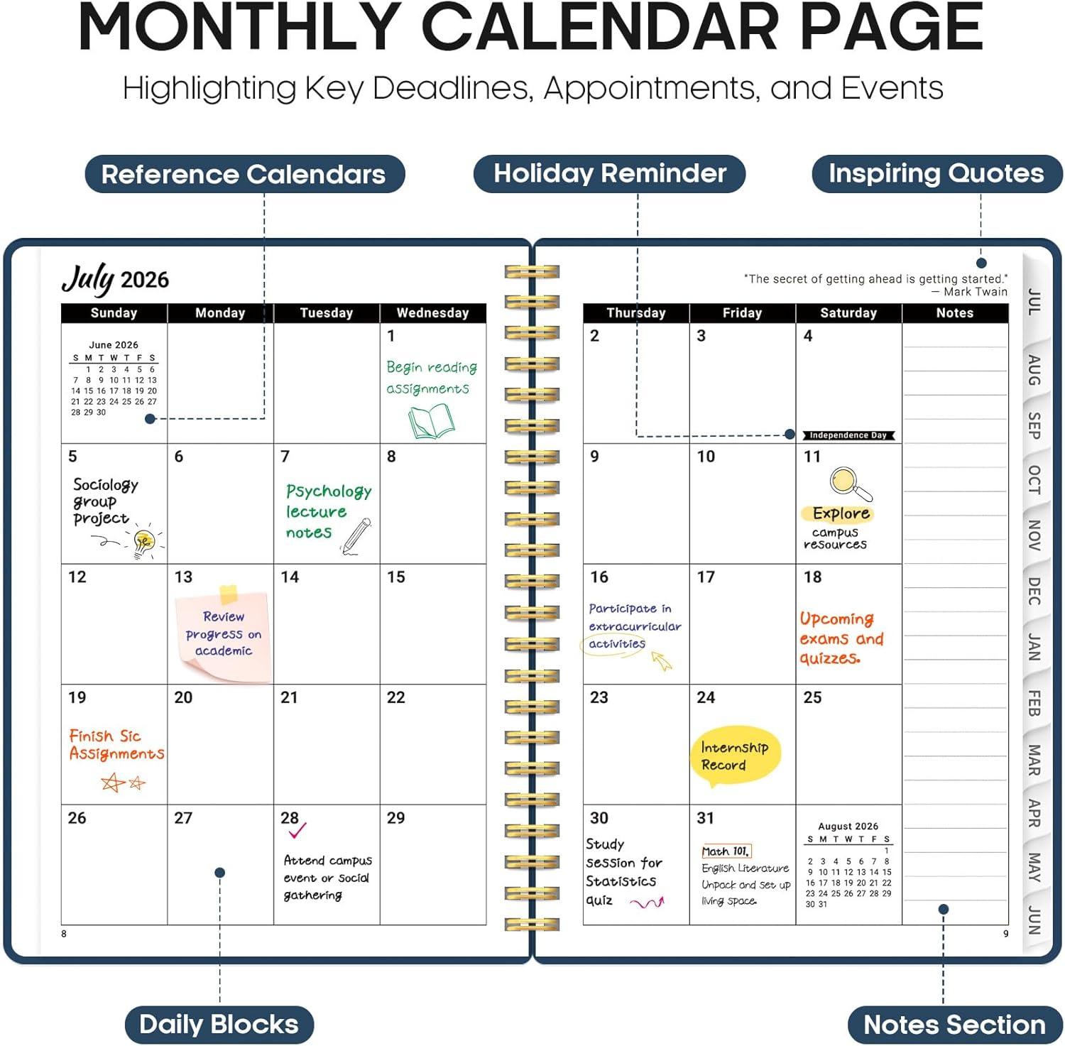image:imagePlanner 20262027 Academic Year Monthly and Weekly Calendar Planner Jul 2026 Jun 2027 Hardcover Teacher Student Planning Agenda book with Tabs Perfect for School Office Supplies 63 x 85 Wild RoseSSoft Balance
