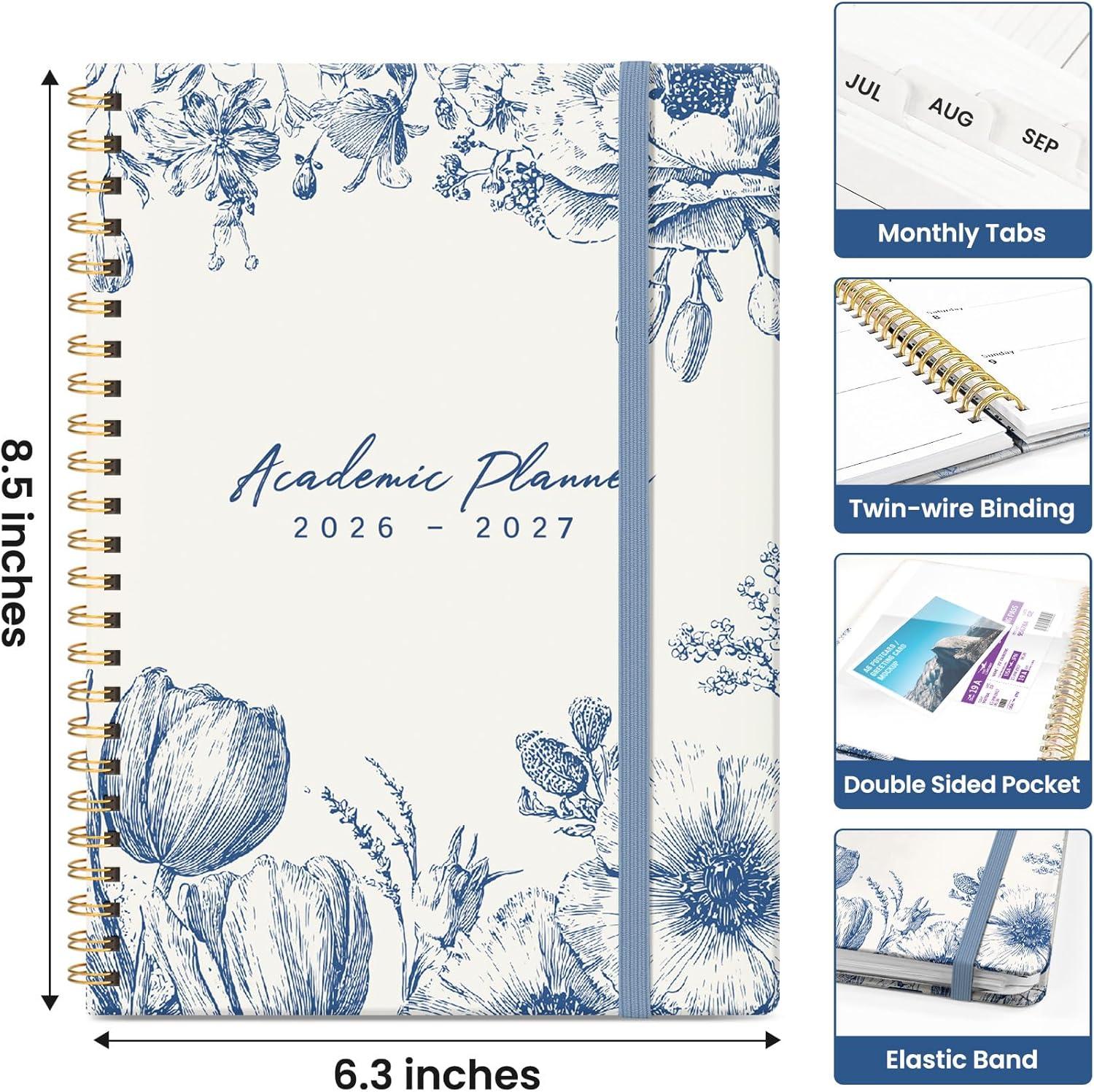 image:imagePlanner 20262027 Academic Year Monthly and Weekly Calendar Planner Jul 2026 Jun 2027 Hardcover Teacher Student Planning Agenda book with Tabs Perfect for School Office Supplies 63 x 85 Wild RoseBBlue Elegance