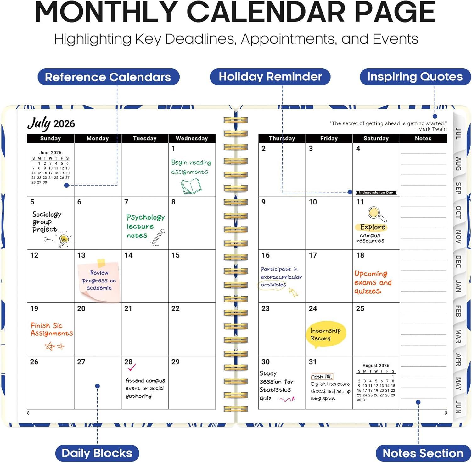 image:imagePlanner 20262027 Academic Year Weekly and Monthly Calender Planner from Jul 2026 Jun 2027 Spiral Bound School Planning Book Perfect for Teacher Student Women amp Men A5 63 x 85 HerbsUIndigo Tulips