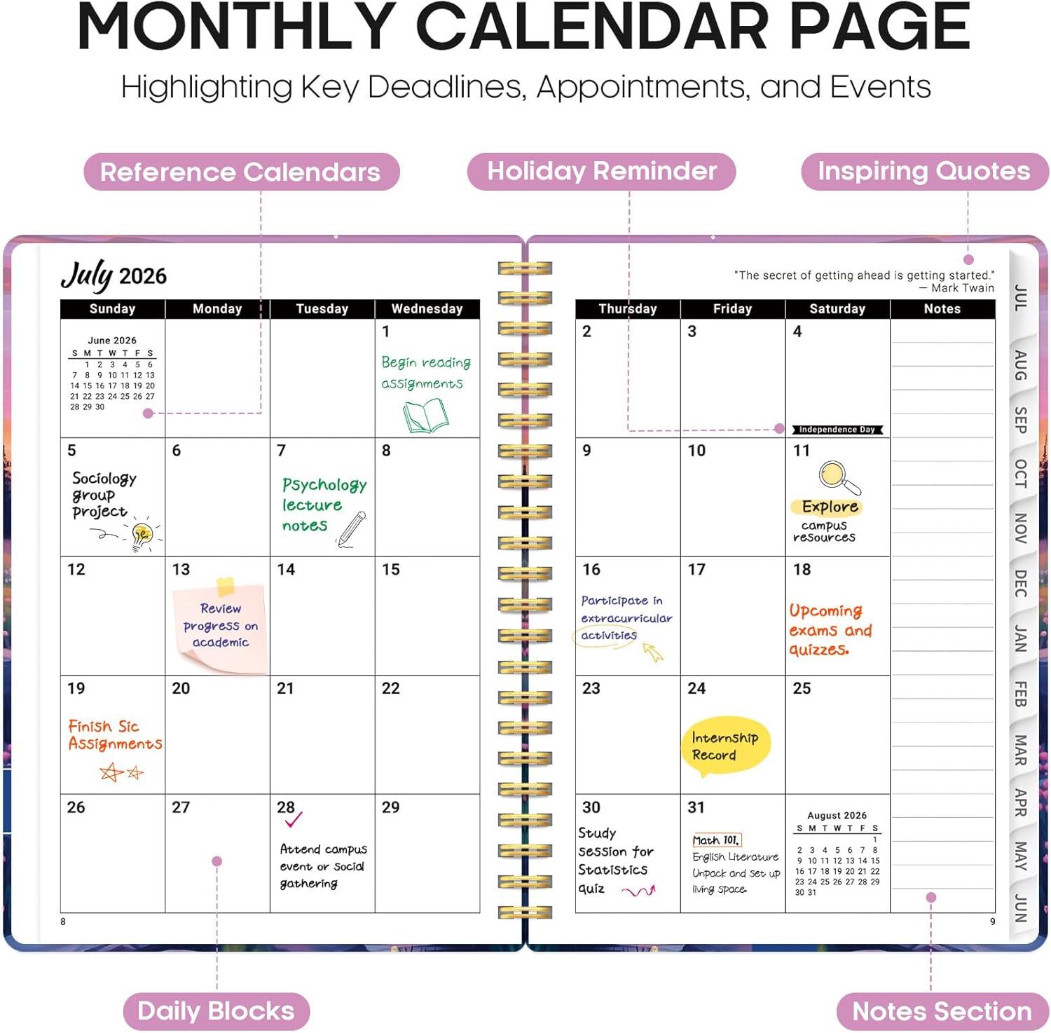 image:imagePlanner 20262027 Academic Year Weekly and Monthly Calender Planner from Jul 2026 Jun 2027 Spiral Bound School Planning Book Perfect for Teacher Student Women amp Men A5 63 x 85 HerbsJAlpine Twilight
