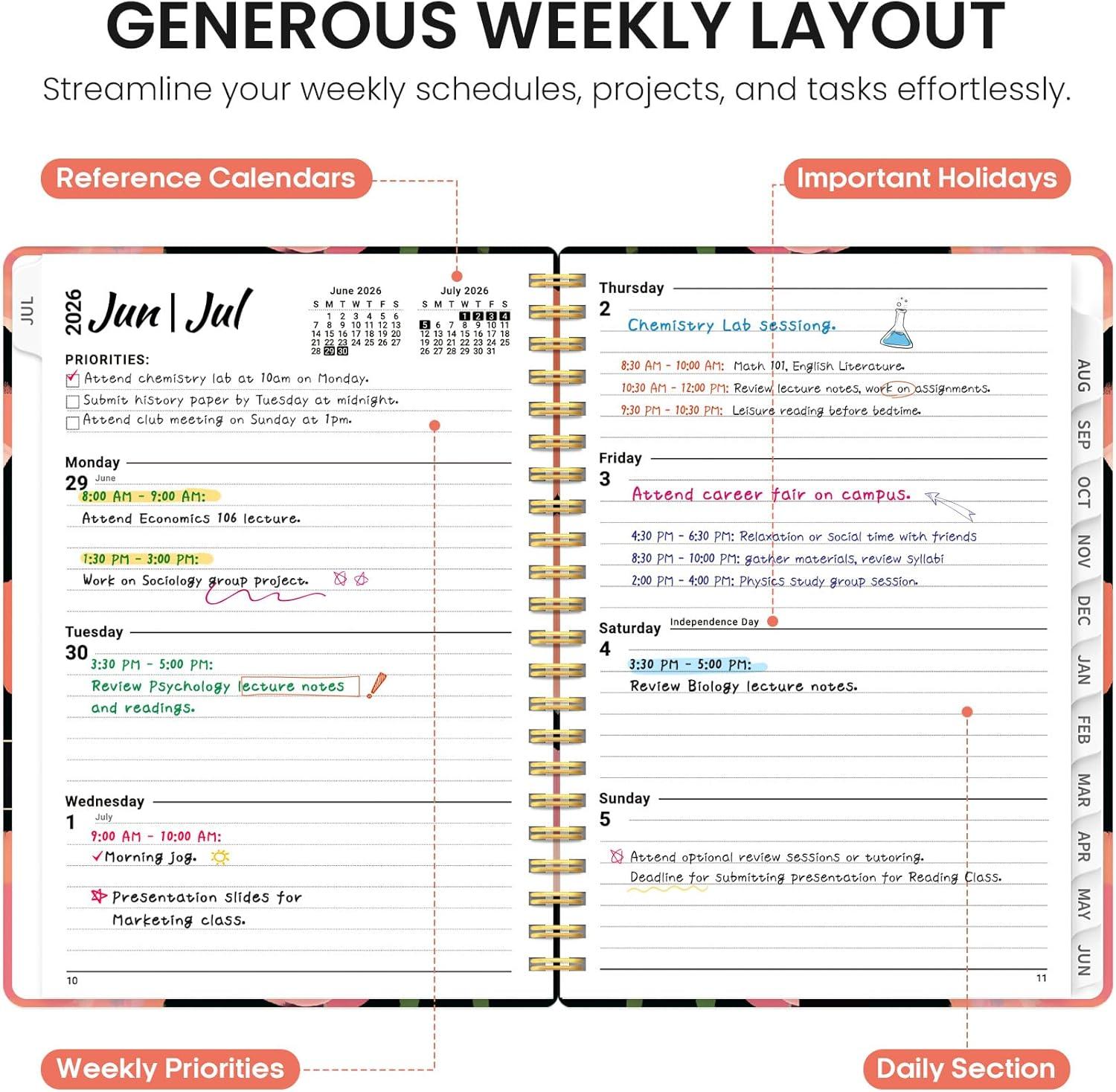 image:imagePlanner 20262027 Academic Year Weekly and Monthly Calender Planner from Jul 2026 Jun 2027 Spiral Bound School Planning Book Perfect for Teacher Student Women amp Men A5 63 x 85 HerbsYMidnight Poppies