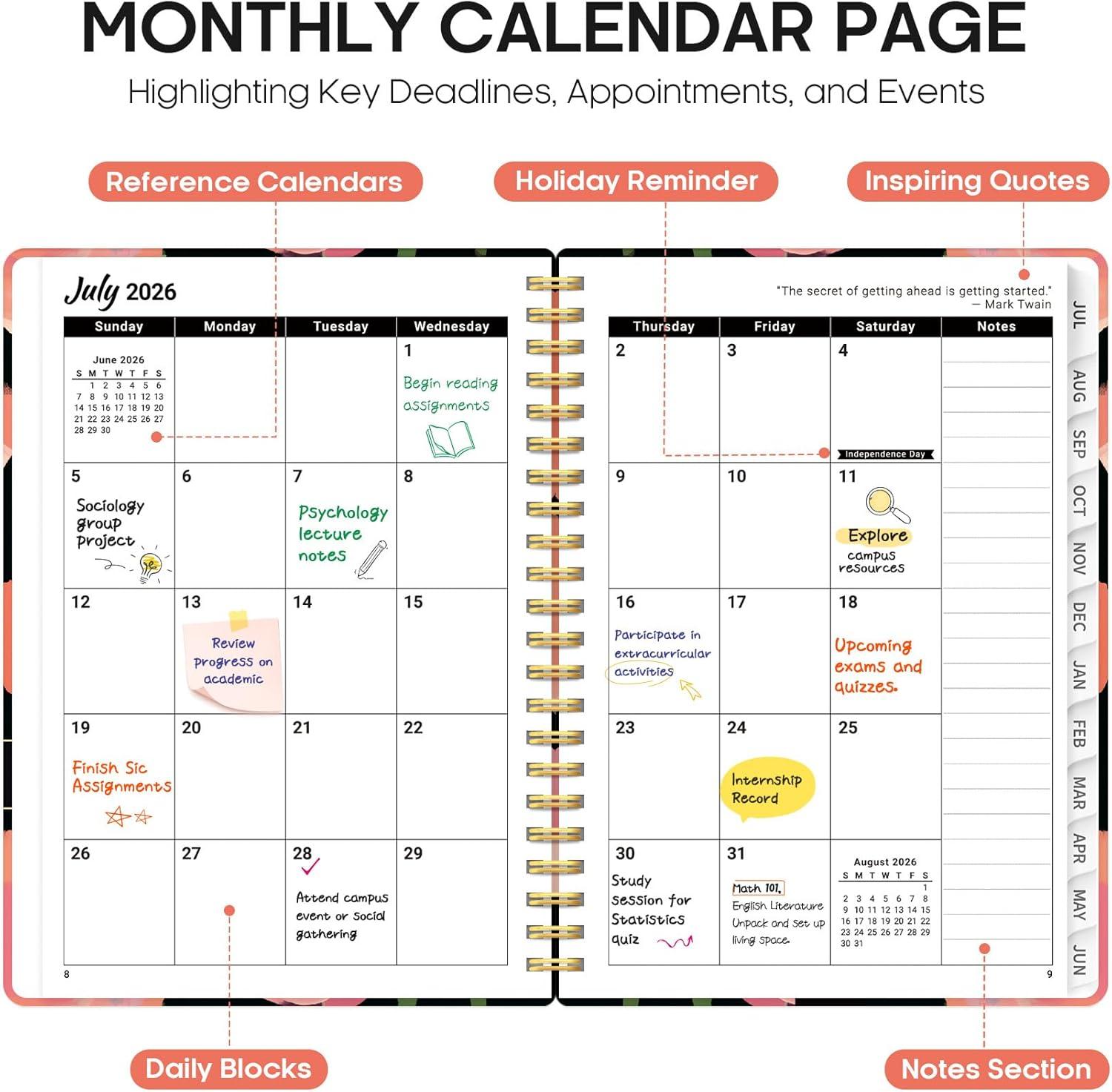 image:imagePlanner 20262027 Academic Year Weekly and Monthly Calender Planner from Jul 2026 Jun 2027 Spiral Bound School Planning Book Perfect for Teacher Student Women amp Men A5 63 x 85 HerbsYMidnight Poppies
