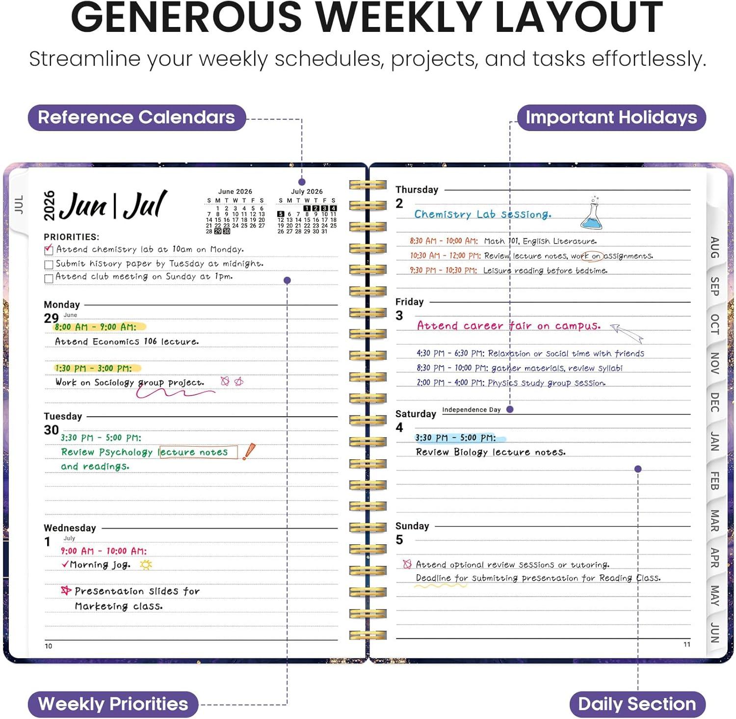 image:imagePlanner 20262027 Academic Year Weekly and Monthly Calender Planner from Jul 2026 Jun 2027 Spiral Bound School Planning Book Perfect for Teacher Student Women amp Men A5 63 x 85 HerbsLCosmic Amethyst