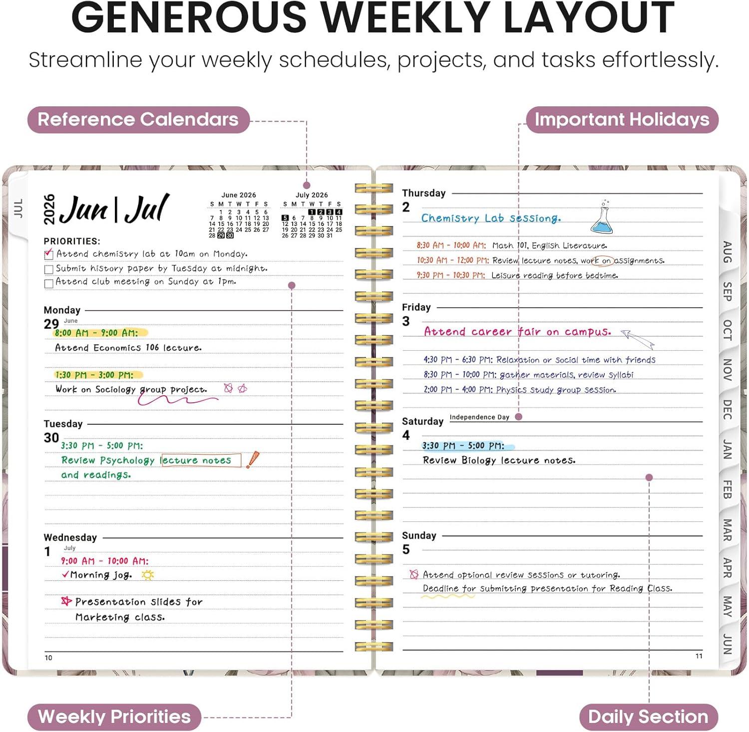image:imagePlanner 20262027 Academic Year Weekly and Monthly Calender Planner from Jul 2026 Jun 2027 Spiral Bound School Planning Book Perfect for Teacher Student Women amp Men A5 63 x 85 HerbsNSoft Peony