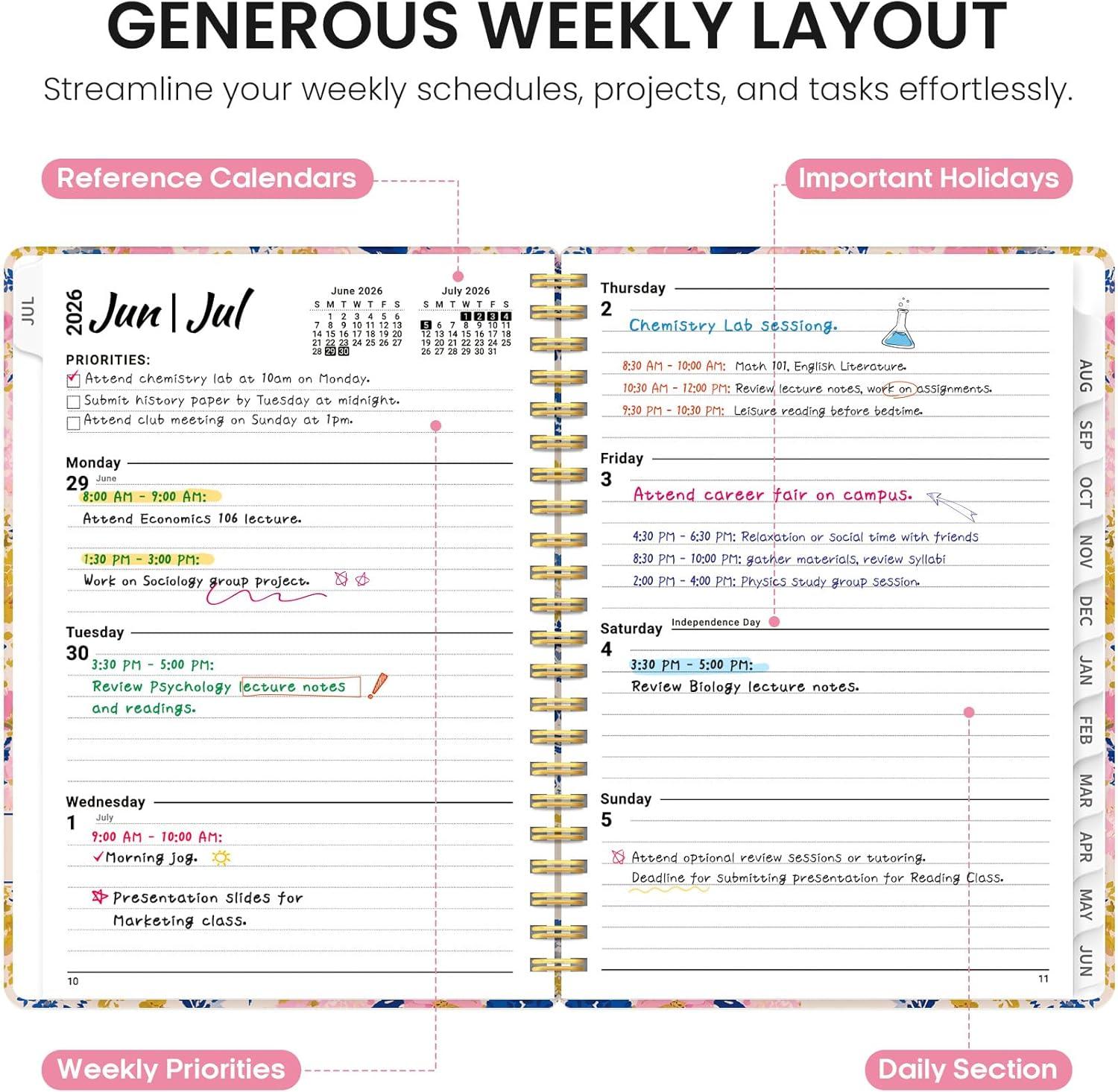 image:imagePlanner 20262027 Academic Year Weekly and Monthly Calender Planner from Jul 2026 Jun 2027 Spiral Bound School Planning Book Perfect for Teacher Student Women amp Men A5 63 x 85 HerbsWPink Garden