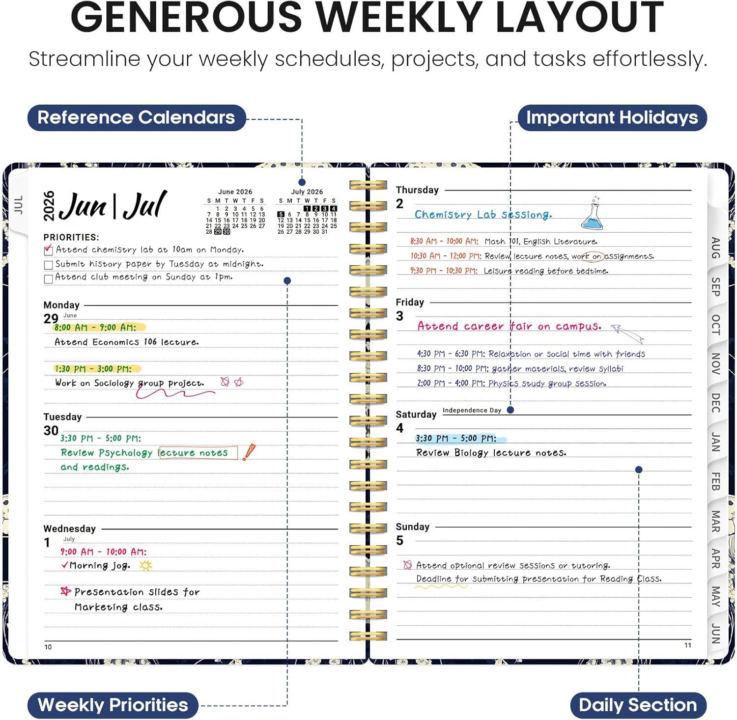 image:imagePlanner 20262027 Academic Year Weekly and Monthly Calender Planner from Jul 2026 Jun 2027 Spiral Bound School Planning Book Perfect for Teacher Student Women amp Men A5 63 x 85 HerbsGMidnight Jellyfish