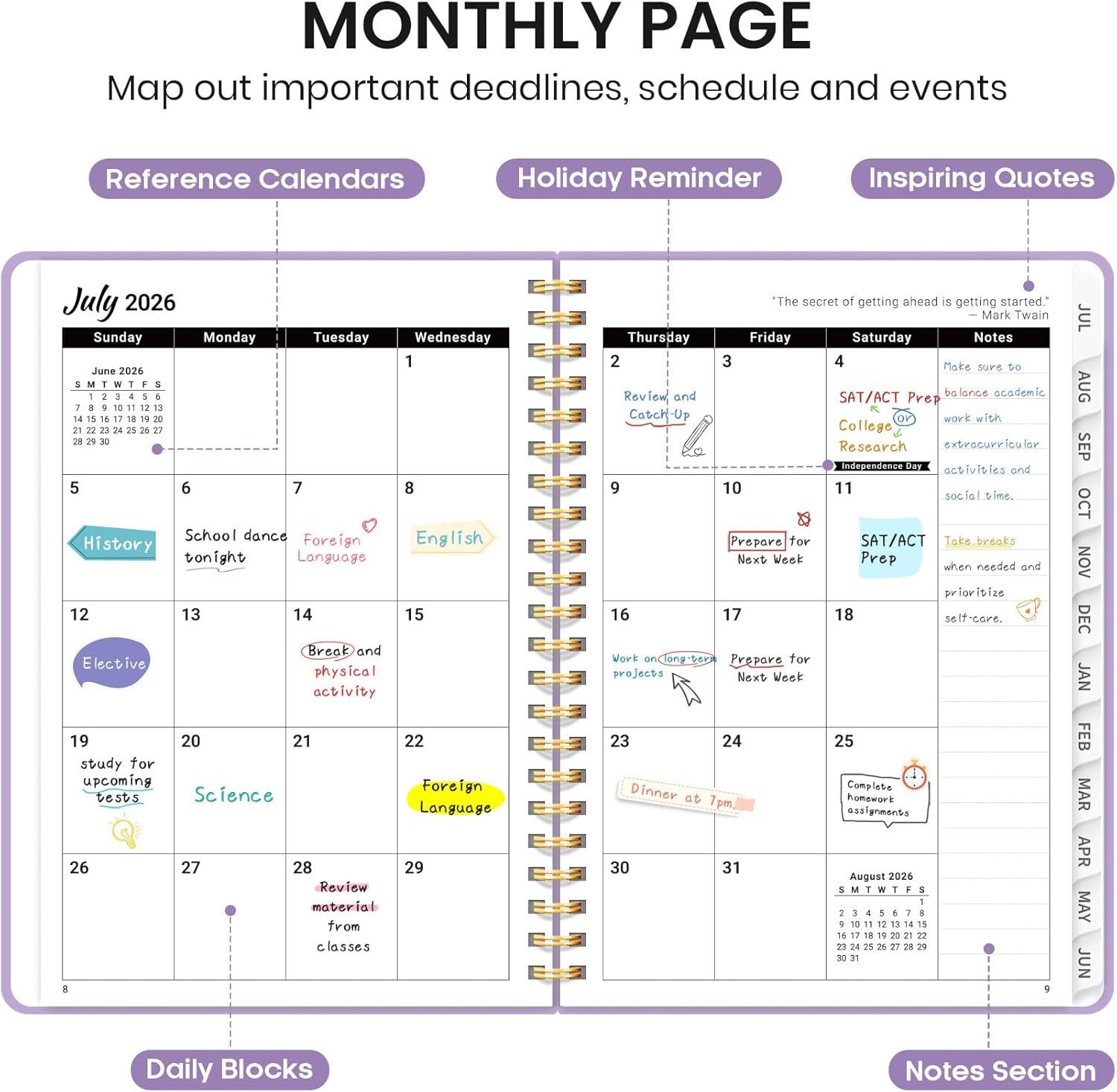 image:imagePlanner 20262027 for Women amp Men Set of 3 Academic Monthly and Weekly Calendar Planner Jul 2026 Jun 2027 A5 63 x 85 Teacher Student Planning Book with Tabs Ideal for Office School Supplies Black Green PurpleJLilac Purple