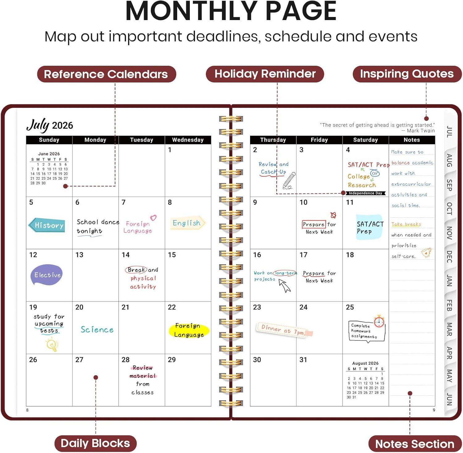 image:imagePlanner 20262027 for Women amp Men Set of 3 Academic Monthly and Weekly Calendar Planner Jul 2026 Jun 2027 A5 63 x 85 Teacher Student Planning Book with Tabs Ideal for Office School Supplies Black Green PurpleIBurgundy