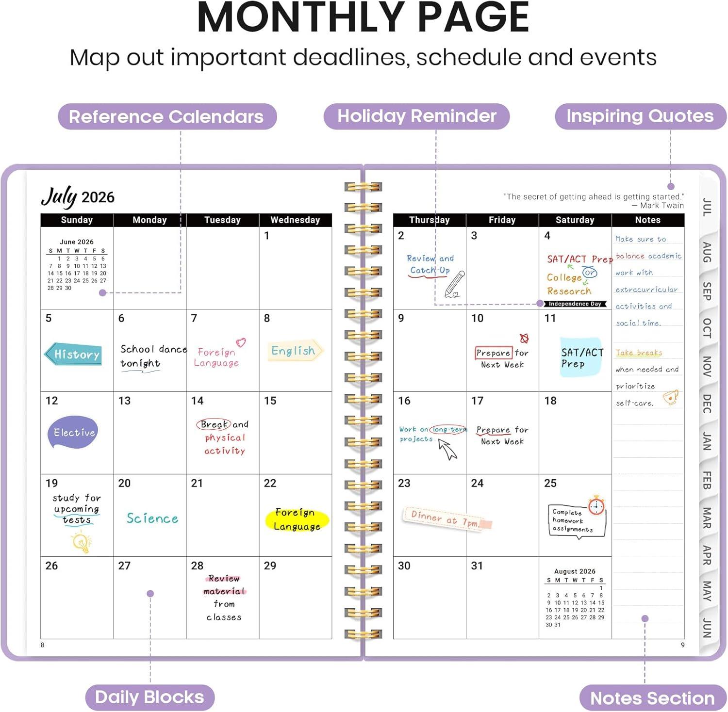 image:imagePlanner 20262027 for Women amp Men Set of 3 Academic Monthly and Weekly Calendar Planner Jul 2026 Jun 2027 A5 63 x 85 Teacher Student Planning Book with Tabs Ideal for Office School Supplies Black Green PurpleJLilac Purple