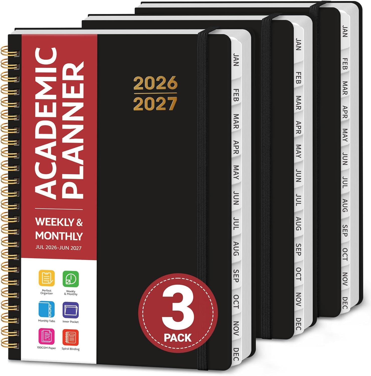 image:imagePlanner 20262027 for Women amp Men Set of 3 Academic Monthly and Weekly Calendar Planner Jul 2026 Jun 2027 A5 63 x 85 Teacher Student Planning Book with Tabs Ideal for Office School Supplies Black Green PurpleCBlack