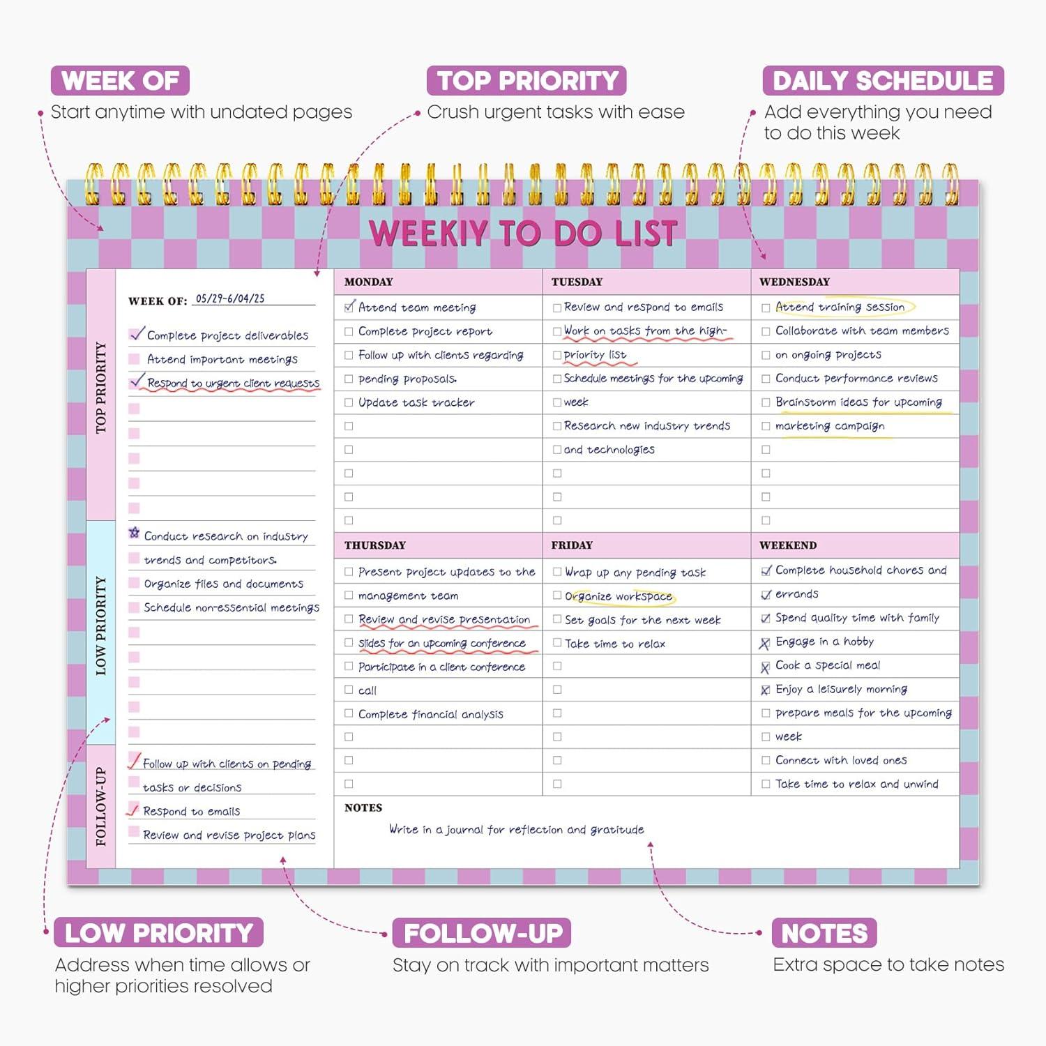 image:imageTaja Weekly To Do List Notepad with 52 Undated Sheets8511 Weekly Desk Planner for Women amp Man Work and Home 1 Pack Violet DreamhLavender Checkered