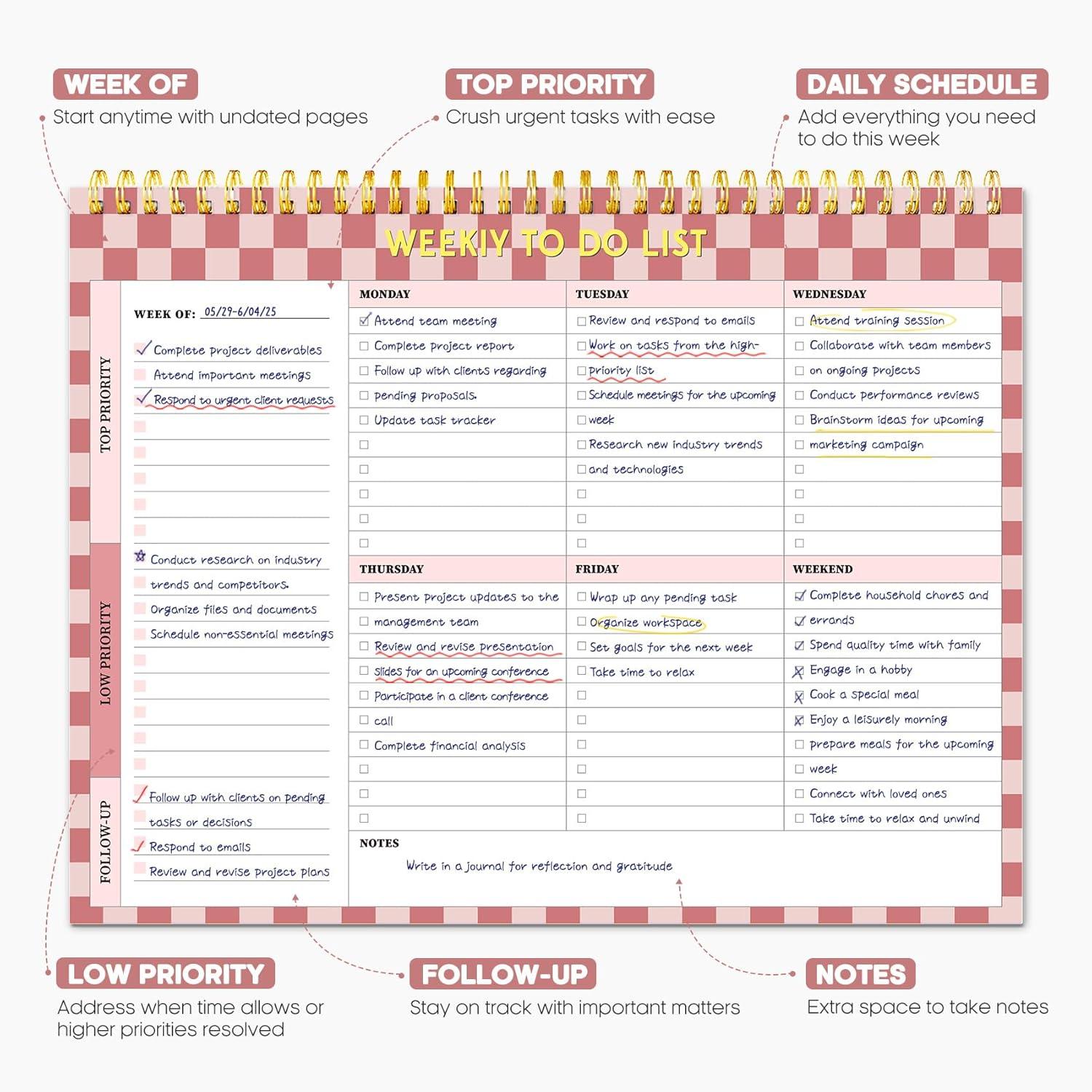 image:imageTaja Weekly To Do List Notepad with 52 Undated Sheets8511 Weekly Desk Planner for Women amp Man Work and Home 1 Pack Violet DreamiRose Checkered