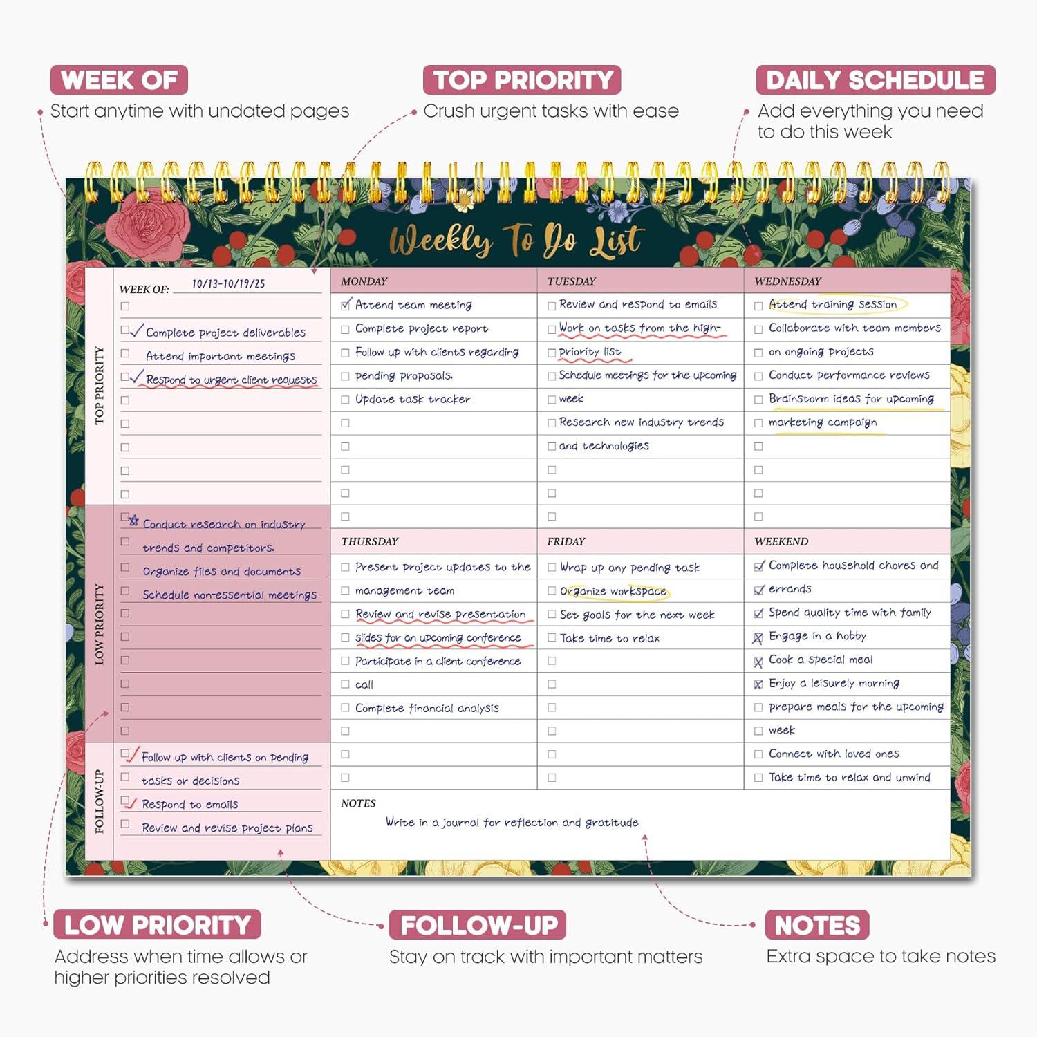 image:imageTaja Weekly To Do List Notepad with 52 Undated Sheets8511 Weekly Desk Planner for Women amp Man Work and Home 1 Pack Violet DreamjBerry Floral