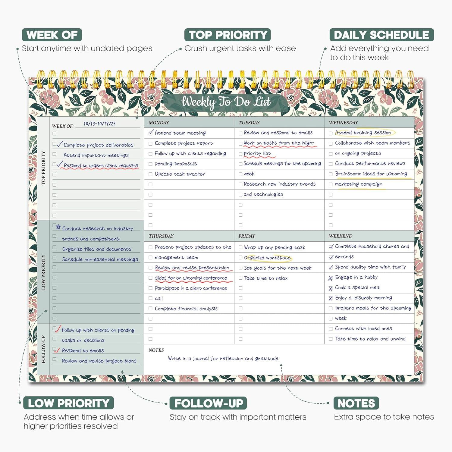 image:imageTaja Weekly To Do List Notepad with 52 Undated Sheets8511 Weekly Desk Planner for Women amp Man Work and Home 1 Pack Violet DreamkRose Meadow