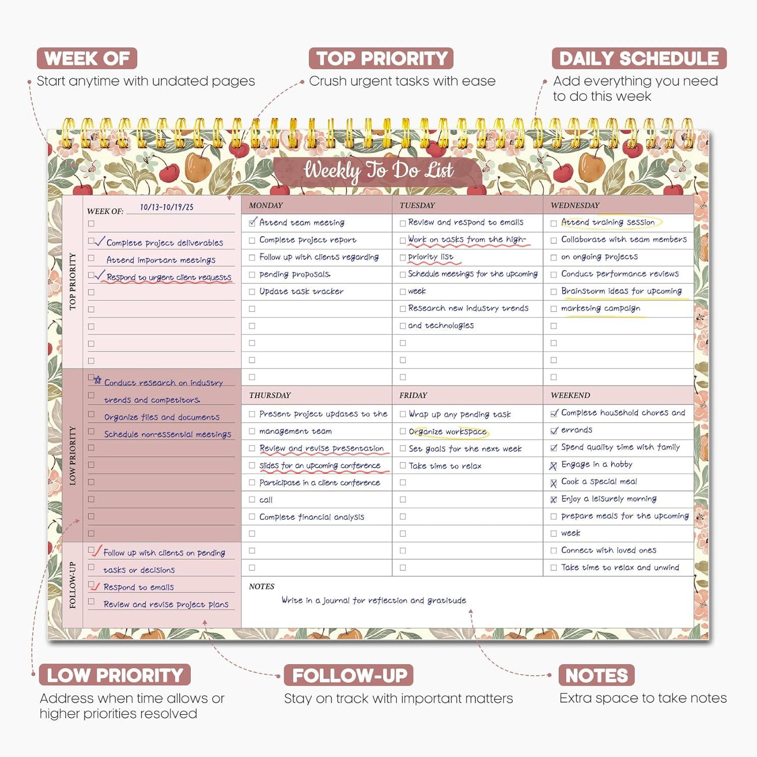 image:imageTaja Weekly To Do List Notepad with 52 Undated Sheets8511 Weekly Desk Planner for Women amp Man Work and Home 1 Pack Violet DreamnCherry Orchard
