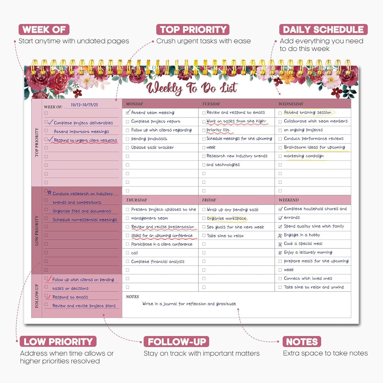 image:imageTaja Weekly To Do List Notepad with 52 Undated Sheets8511 Weekly Desk Planner for Women amp Man Work and Home 1 Pack Violet DreamoCrimson Garden