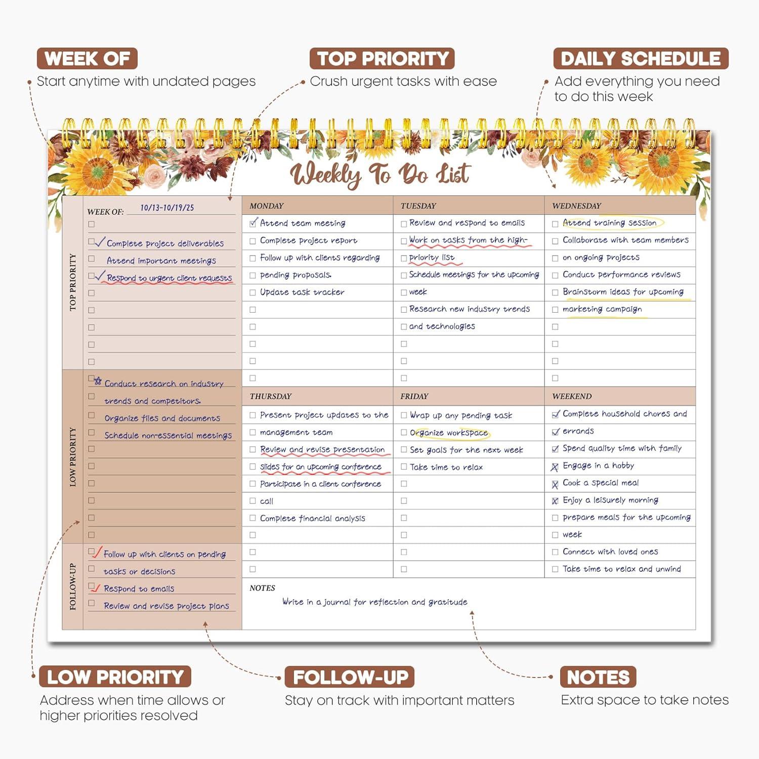 image:imageTaja Weekly To Do List Notepad with 52 Undated Sheets8511 Weekly Desk Planner for Women amp Man Work and Home 1 Pack Violet DreampGolden Sunflower