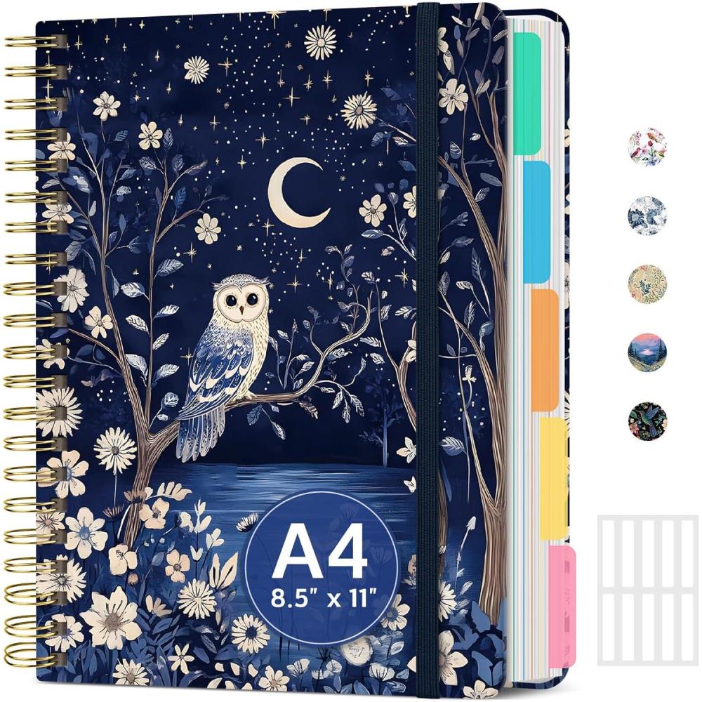 image:imageLarge Lined Spiral Journal for Women Cute Hardcover 5 Subject Notebook for Work 85 x 11 with Removable Dividers amp Tabs College Ruled 280 Pages Aesthetic Journal for Work School amp Note Taking Garden of WhimsyP Owl Moonlight