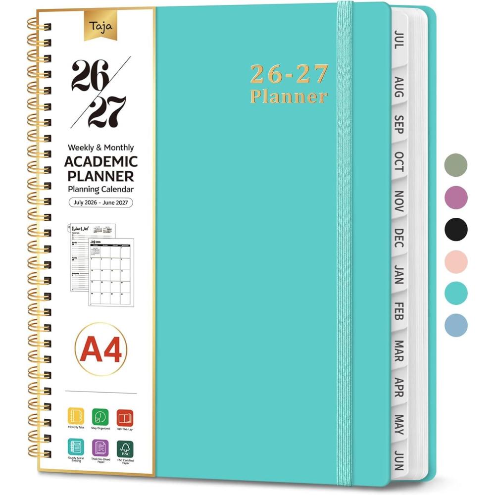 image:imagePlanner 20262027 85 x 11 Weekly and Monthly Academic Year Planner Calendar July 2026 June 2027 Hardcover Large School Planning Agenda With Tabs Perfect for School amp Office Supplies A4 BlackEAquamarine