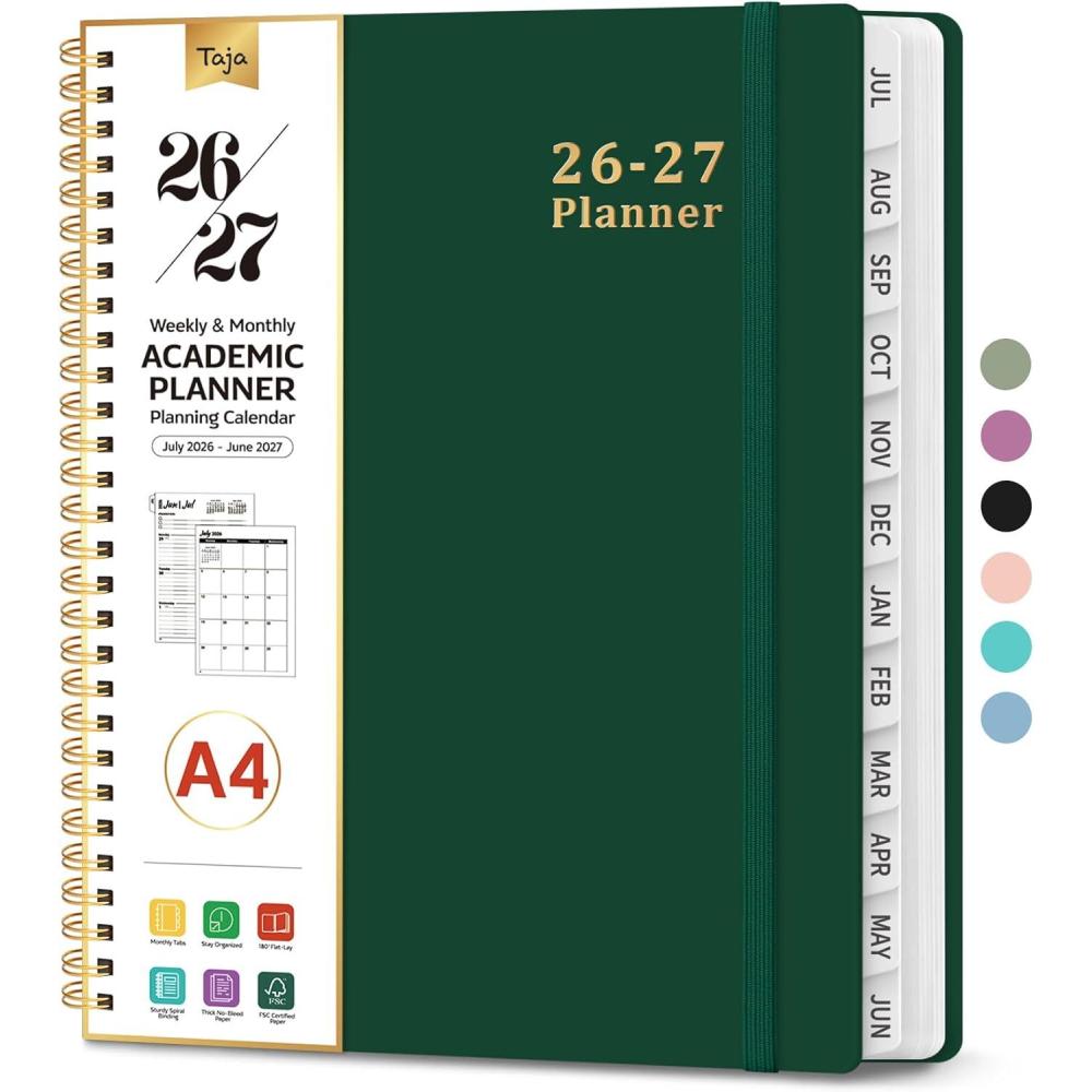image:imagePlanner 20262027 85 x 11 Weekly and Monthly Academic Year Planner Calendar July 2026 June 2027 Hardcover Large School Planning Agenda With Tabs Perfect for School amp Office Supplies A4 BlackLDark Green