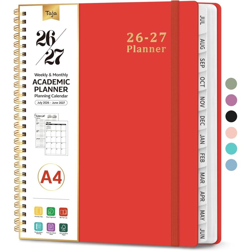 image:imagePlanner 20262027 85 x 11 Weekly and Monthly Academic Year Planner Calendar July 2026 June 2027 Hardcover Large School Planning Agenda With Tabs Perfect for School amp Office Supplies A4 BlackKTomato Red
