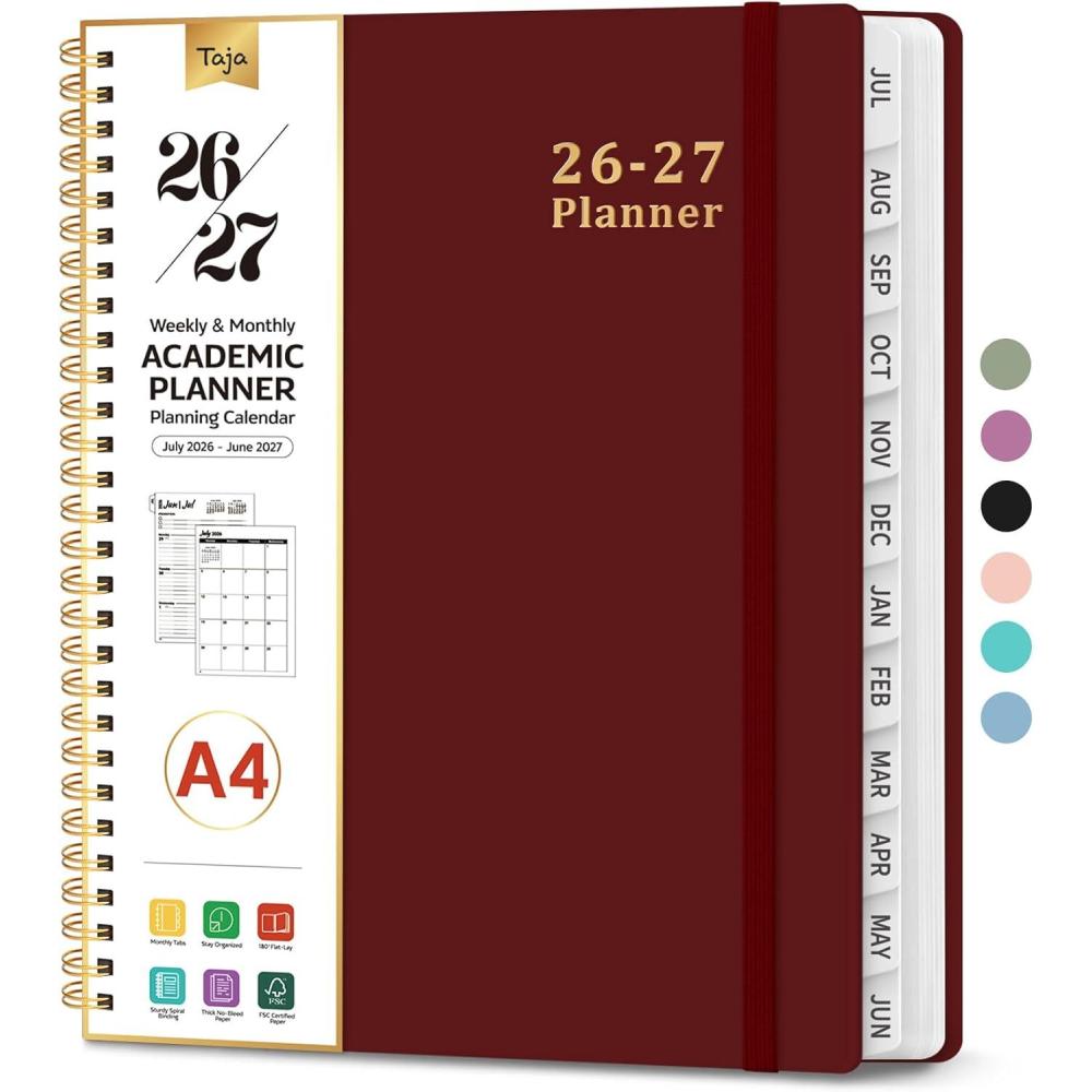 image:imagePlanner 20262027 85 x 11 Weekly and Monthly Academic Year Planner Calendar July 2026 June 2027 Hardcover Large School Planning Agenda With Tabs Perfect for School amp Office Supplies A4 BlackIBurgundy