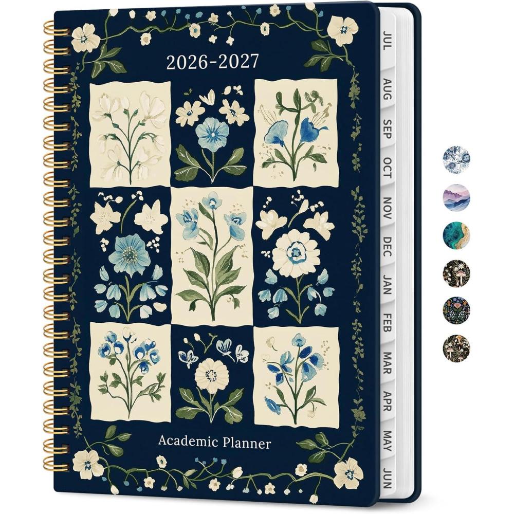 image:imagePlanner 20262027 Academic Monthly and Weekly Calendar Planner for Women July 2026 June 2027 Hardcover Pretty Agenda Planner Book with Tabs Spiral Daily Organizer for School Office Home Supplies 63 x 85 Blue FloralKBlue Patchwork