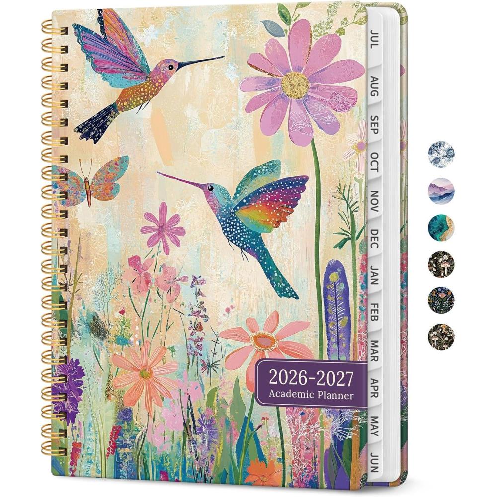 image:imagePlanner 20262027 Academic Monthly and Weekly Calendar Planner for Women July 2026 June 2027 Hardcover Pretty Agenda Planner Book with Tabs Spiral Daily Organizer for School Office Home Supplies 63 x 85 Blue FloralRHummingbird Garden