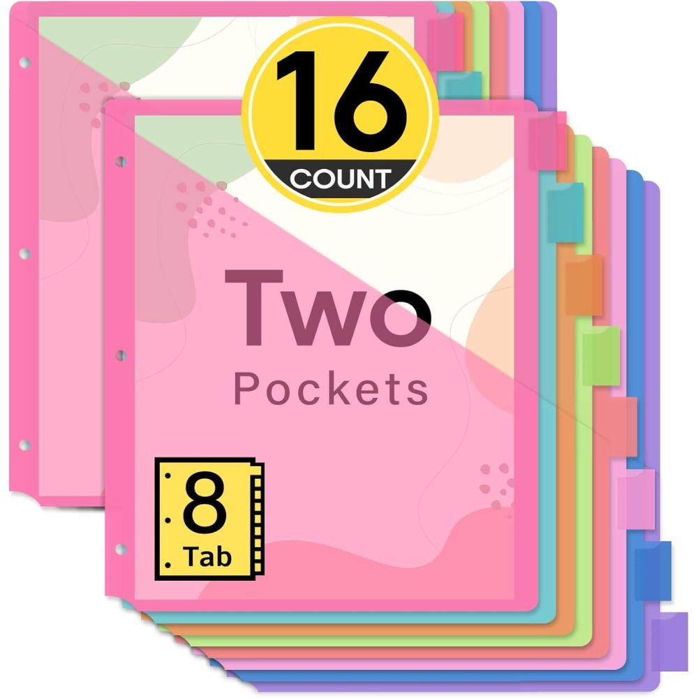 image:imageTaja 16 Count Dividers for 3 Ring Binder with Two Pockets 8 Tabs Set Plastic Binder Index Dividers Perfect for Office amp School Organization Supplies Bright Colors 2 Set2 Set