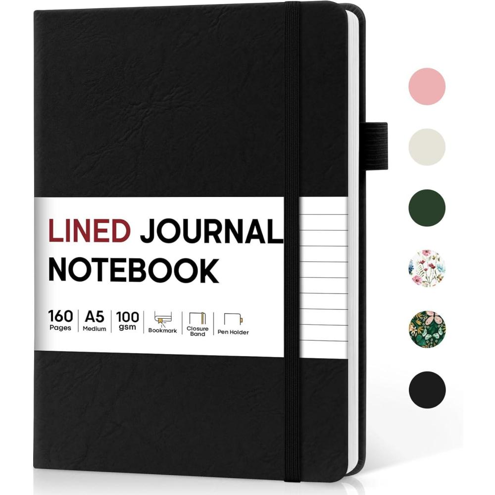 image:imageTaja Lined Journal Notebook for Women amp Men Hardcover Leather Journal for writing A5 College Ruled Notebook for Work amp Note Taking Perfect for Office School Home Supplies 160 Pages GardenXBlack