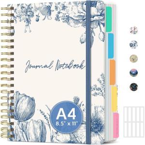 image:imageLarge Lined Spiral Journal for Women Cute Hardcover 5 Subject Notebook for Work 85 x 11 with Removable Dividers amp Tabs College Ruled 280 Pages Aesthetic Journal for Work School amp Note Taking Garden of WhimsyC  Blue Elegance