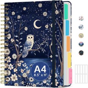 image:imageLarge Lined Spiral Journal for Women Cute Hardcover 5 Subject Notebook for Work 85 x 11 with Removable Dividers amp Tabs College Ruled 280 Pages Aesthetic Journal for Work School amp Note Taking Garden of WhimsyP  Owl Moonlight