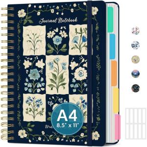 image:imageLarge Lined Spiral Journal for Women Cute Hardcover 5 Subject Notebook for Work 85 x 11 with Removable Dividers amp Tabs College Ruled 280 Pages Aesthetic Journal for Work School amp Note Taking Garden of WhimsyF  Blue Patchwork