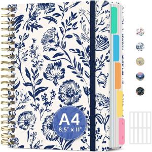 image:imageLarge Lined Spiral Journal for Women Cute Hardcover 5 Subject Notebook for Work 85 x 11 with Removable Dividers amp Tabs College Ruled 280 Pages Aesthetic Journal for Work School amp Note Taking Garden of WhimsyC  Blue Filigree