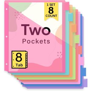image:imageTaja 16 Count Dividers for 3 Ring Binder with Two Pockets 8 Tabs Set Plastic Binder Index Dividers Perfect for Office amp School Organization Supplies Bright Colors 2 Set1 Set