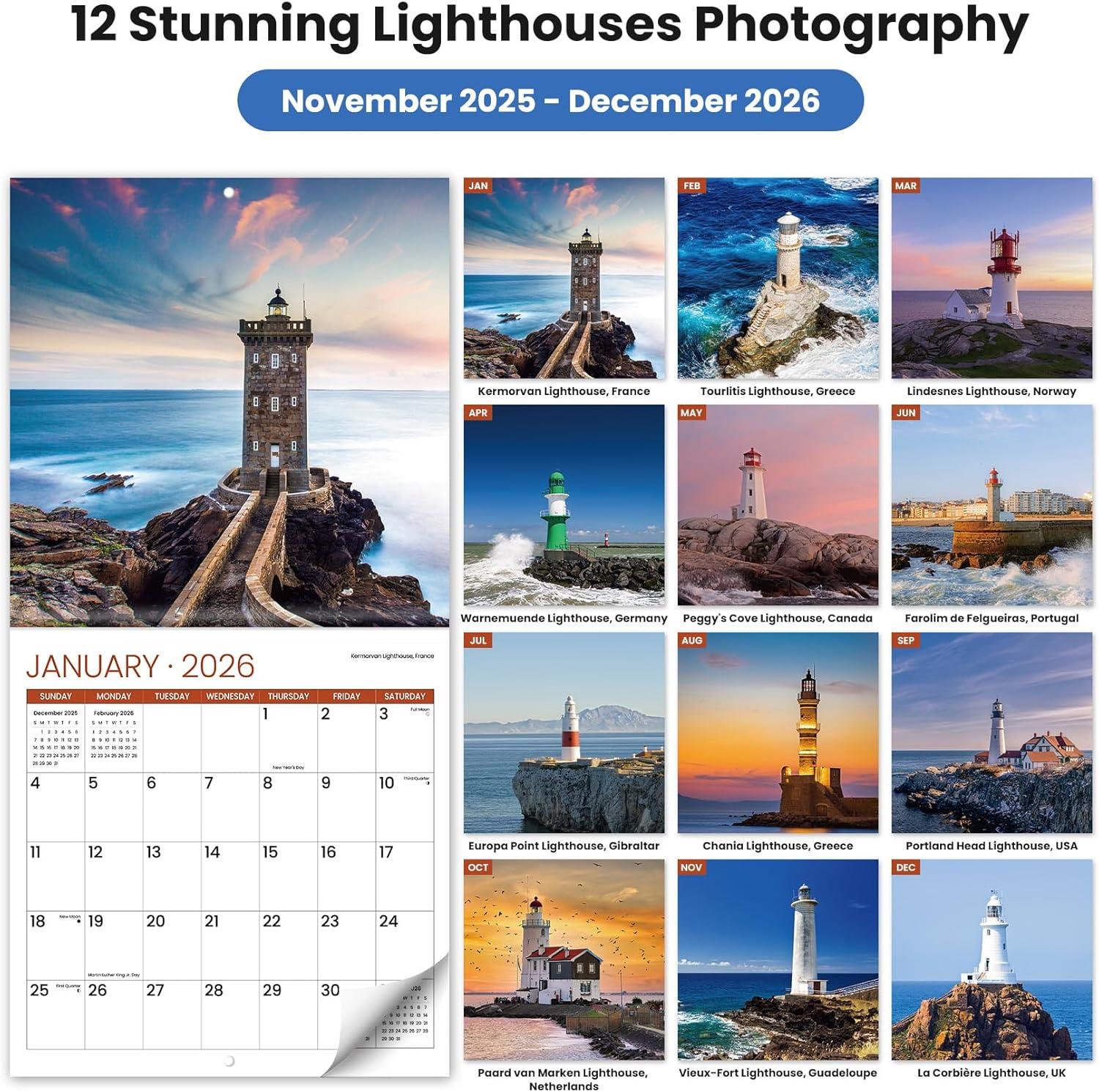 image:image2026 Calendar Beach Monthly Wall Calendar 2026 Runs from Nov 2025 Dec 2026 Hanging Wall Calendar 116 x 24Opened Full Page Layout for Organizing Perfect PresentZLighthouses