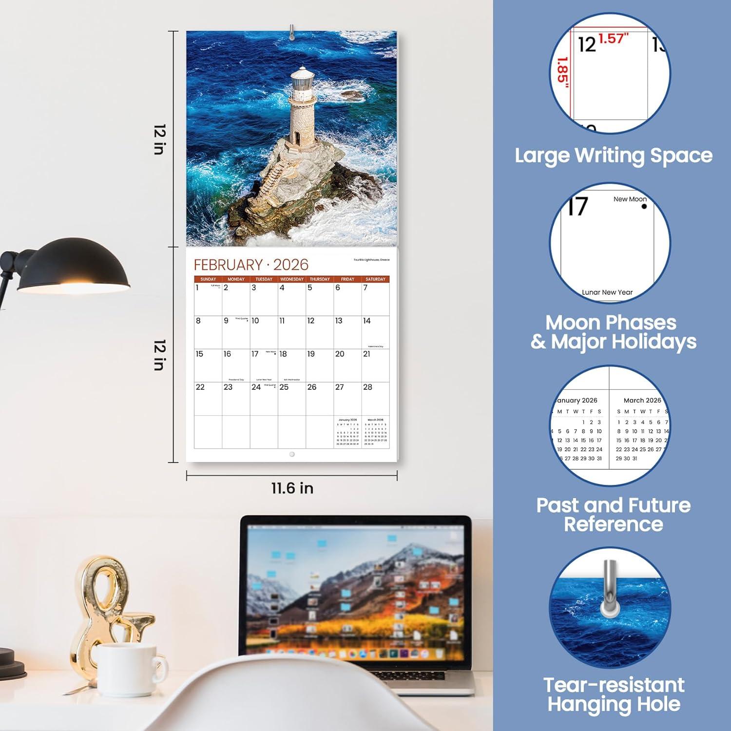 image:image2026 Calendar Beach Monthly Wall Calendar 2026 Runs from Nov 2025 Dec 2026 Hanging Wall Calendar 116 x 24Opened Full Page Layout for Organizing Perfect PresentZLighthouses