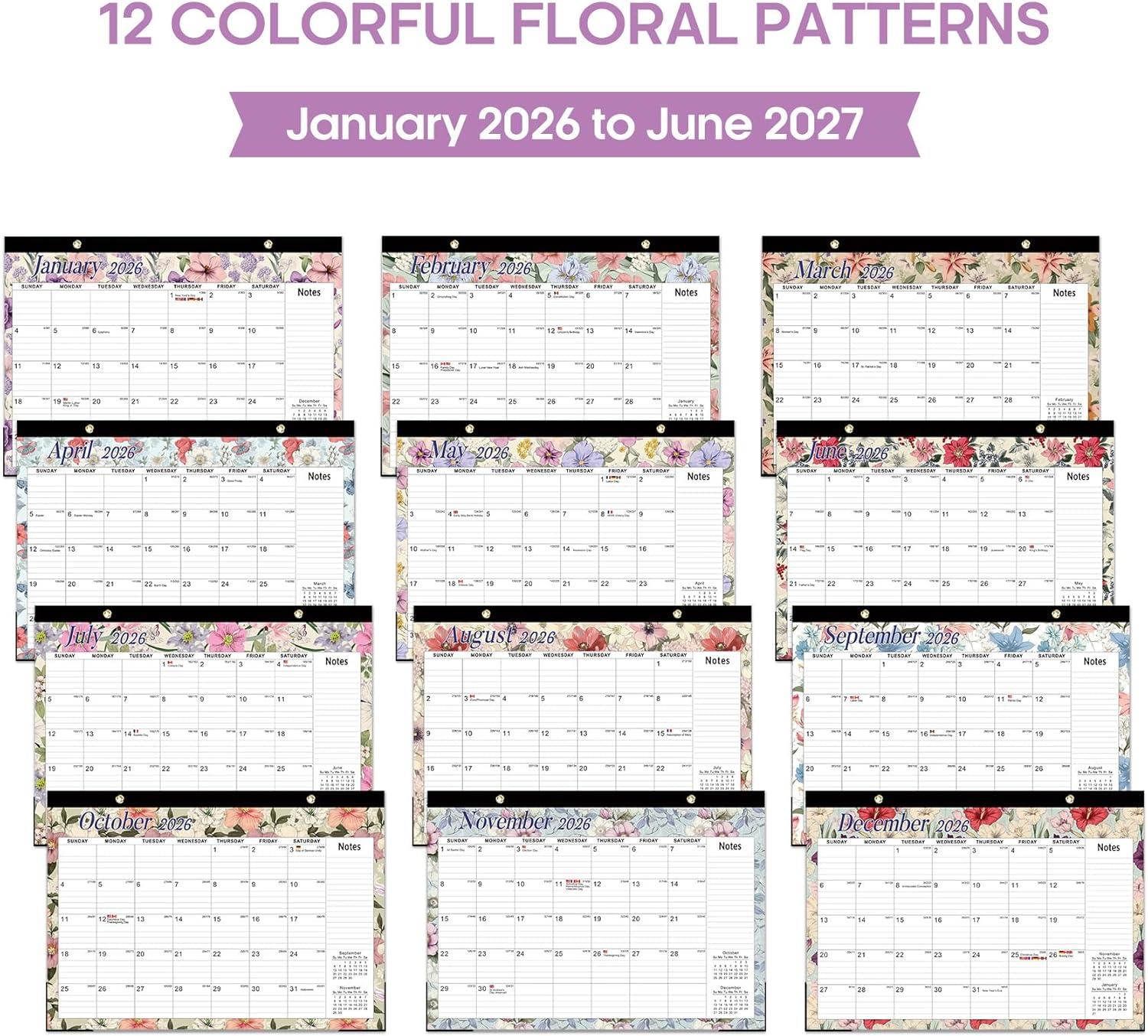 image:imageDesk Calendar 2026 18 Months Calendar Runs from January 2026 to June 2027 Large 17 x 12 DesktopWall Monthly Calendar for Home School or Office Vintage FloralAVintage Floral