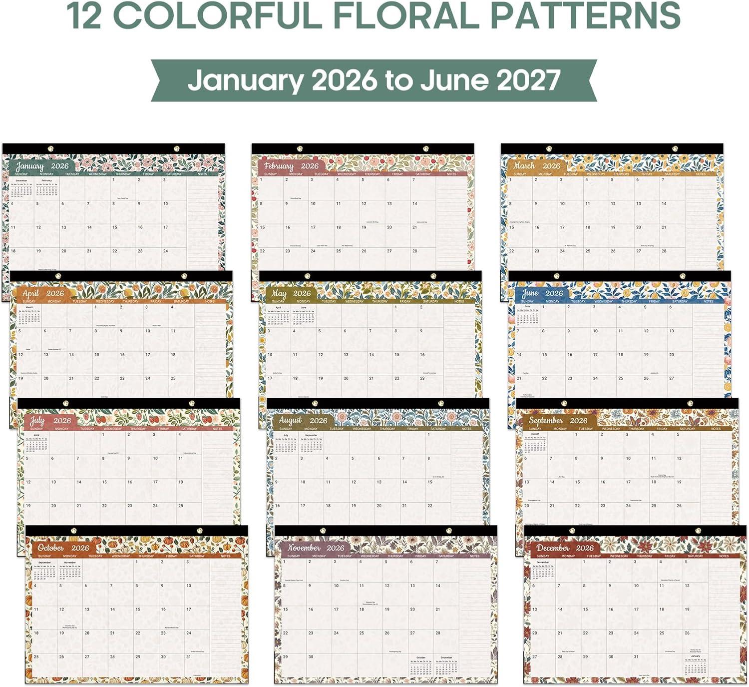 image:imageDesk Calendar 2026 18 Months Calendar Runs from January 2026 to June 2027 Large 17 x 12 DesktopWall Monthly Calendar for Home School or Office Vintage FloralCRustic Botanical
