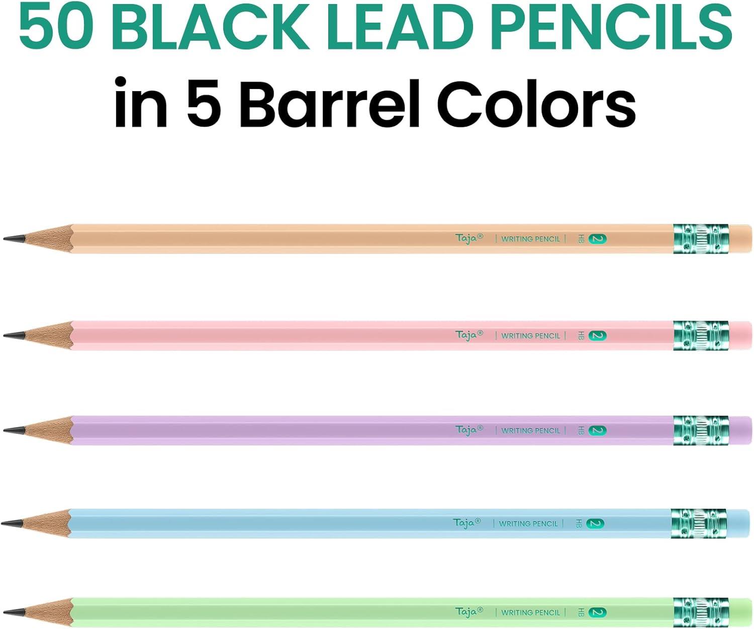 image:imageTaja 50 Pack WoodCased 2 HB Pencils Bulk PreSharpened Pencils with Top Erasers Perfect for School amp Classroom Writing and Drawing MacaronMulticolor