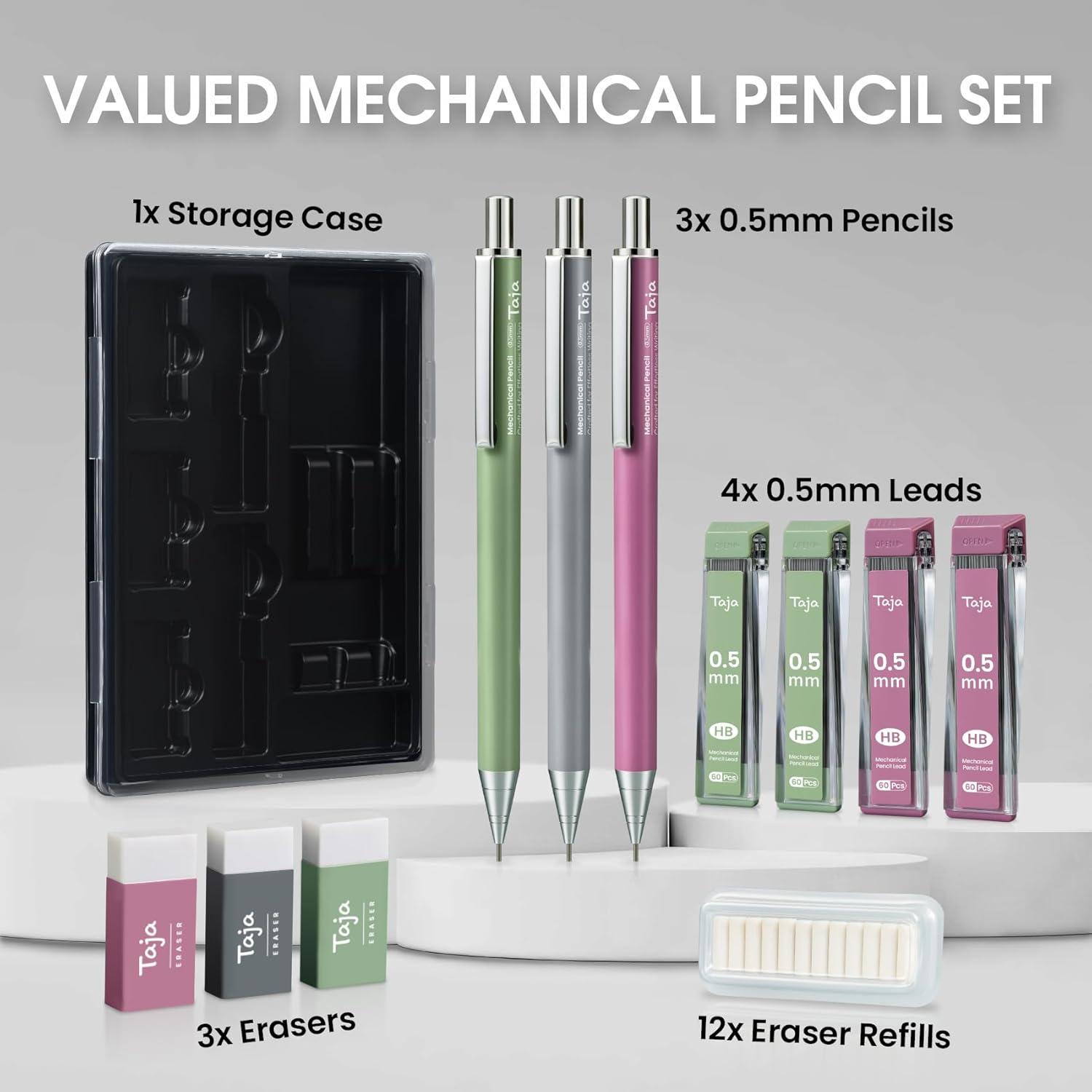 image:imageTaja Aesthetic 05mm Mechanical Pencil Set with Case 3 Vintage Mechanical Pencils 4 Tubes HB 2 Lead Refills 3 Erasers amp 12 Eraser Refills Cute Pencil Kit for Back to School Stationery Supplies