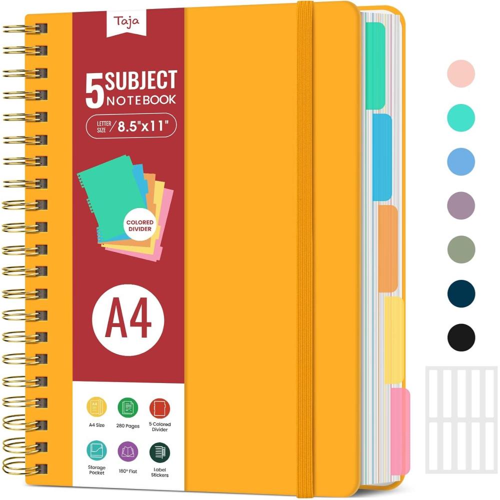 image:imageHardcover Spiral Journal Notebooks for Work With Removable Dividers amp Tabs 85x11 5 Subject Notebook for Note Taking amp Organizer A4 College Ruled Lined Journal for Women amp Writing Green 280 PagesYYellow