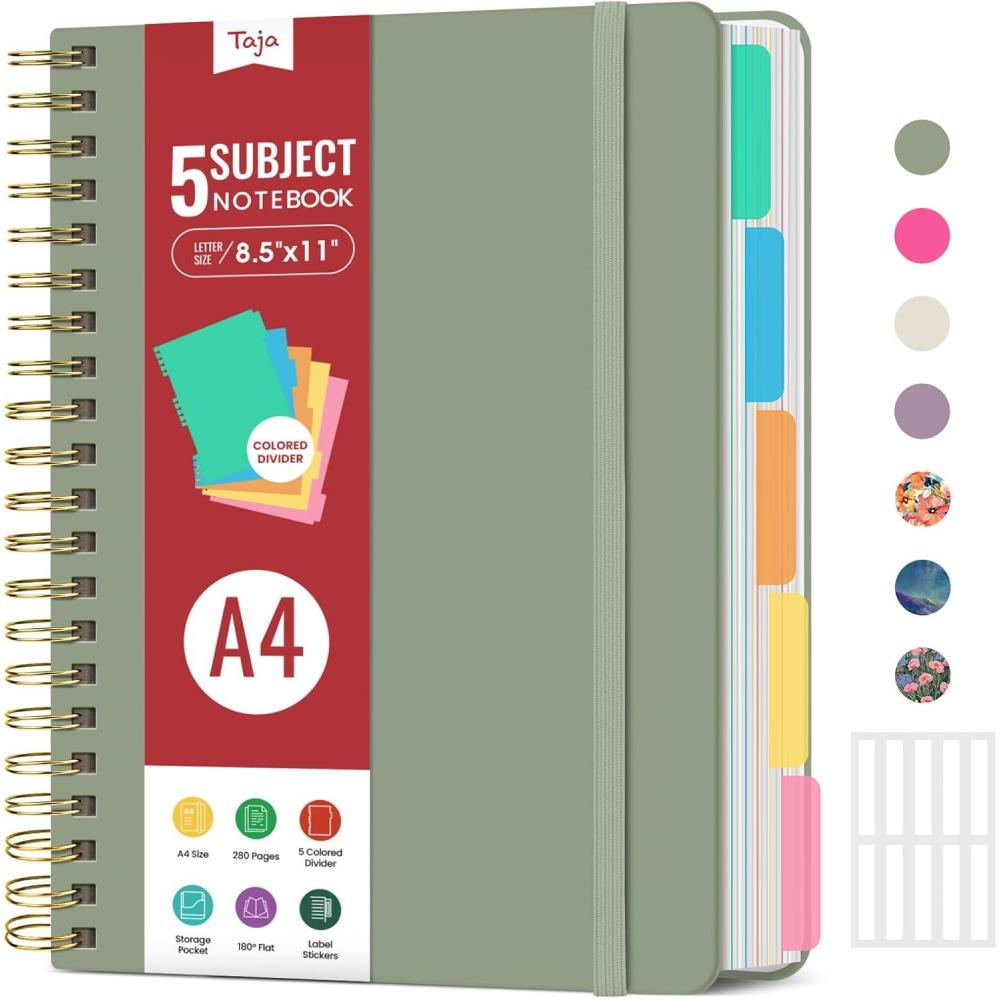 image:imageHardcover Spiral Journal Notebooks for Work With Removable Dividers amp Tabs 85x11 5 Subject Notebook for Note Taking amp Organizer A4 College Ruled Lined Journal for Women amp Writing Green 280 PagesLGreen