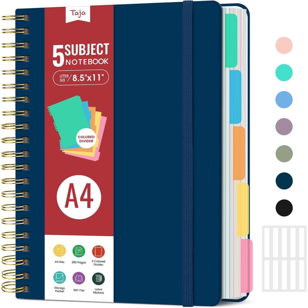 image:imageHardcover Spiral Journal Notebooks for Work With Removable Dividers amp Tabs 85x11 5 Subject Notebook for Note Taking amp Organizer A4 College Ruled Lined Journal for Women amp Writing Green 280 PagesYNavy Blue