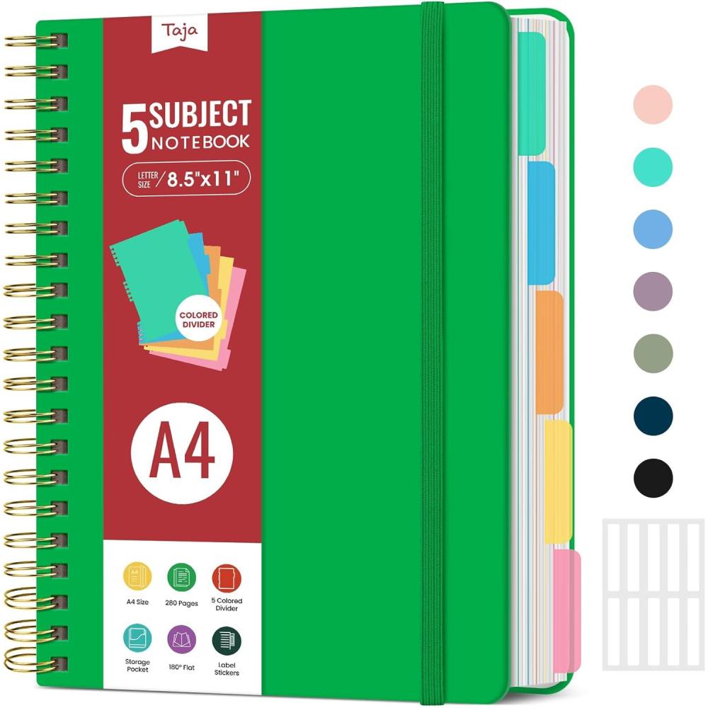 image:imageHardcover Spiral Journal Notebooks for Work With Removable Dividers amp Tabs 85x11 5 Subject Notebook for Note Taking amp Organizer A4 College Ruled Lined Journal for Women amp Writing Green 280 PagesYRacing Green