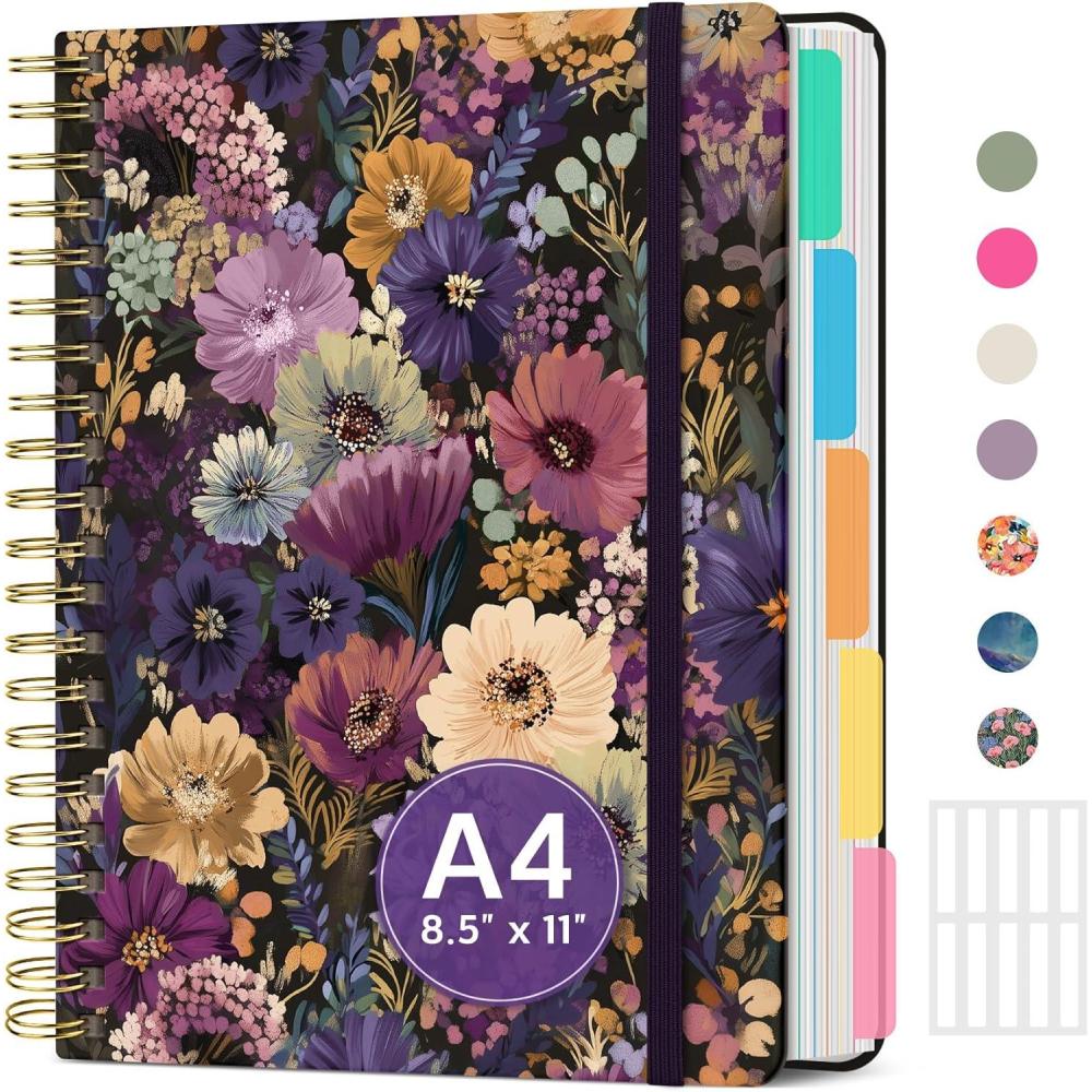 image:imageLarge Spiral Lined Notebooks for Work with Removable Dividers amp Tabs 85x11 Pretty Hardcover 5 Subject Notebook Journal for Women College Ruled Perfect for Study amp Office Organization 280 PagesWildflowersK Midnight Bloom