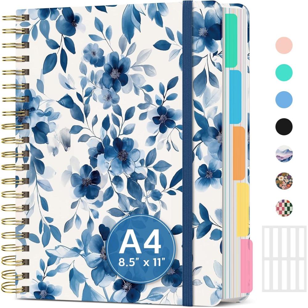image:imageLarge Spiral Lined Notebooks for Work with Removable Dividers amp Tabs 85x11 Pretty Hardcover 5 Subject Notebook Journal for Women College Ruled Perfect for Study amp Office Organization 280 PagesWildflowersE Blue Blooms